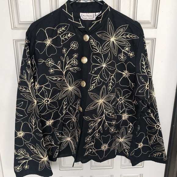 Black Jackets & Blazers - New Direction Jacket SzL Cotton Black Gold Buttons/Thread Design Fancy NWOT